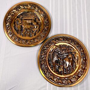 VTG Copper Color Wall Plaques Hammered Farm Rustic Mid Century Set Of 2 Cottage